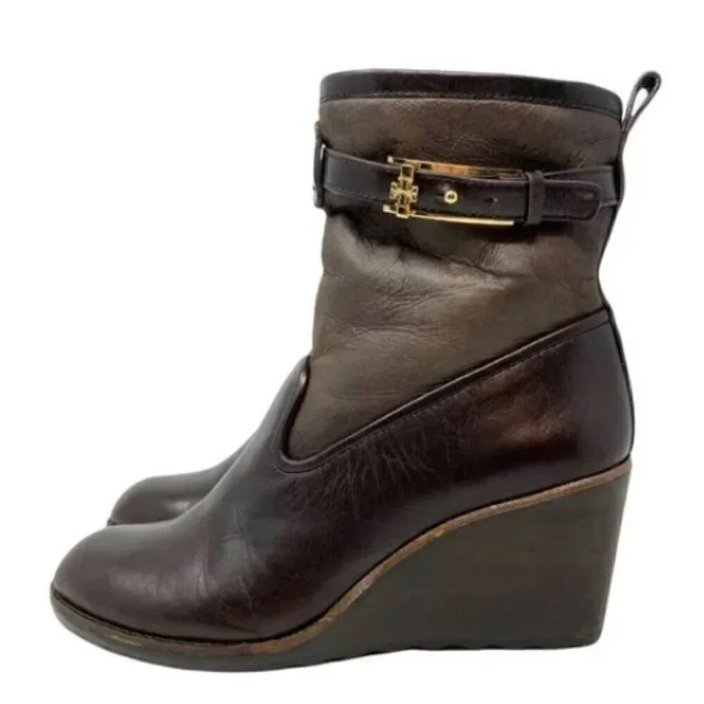 Tory Burch Primrose Lamb Leather Shearling Wedge Ankle Boots - Size 6.5